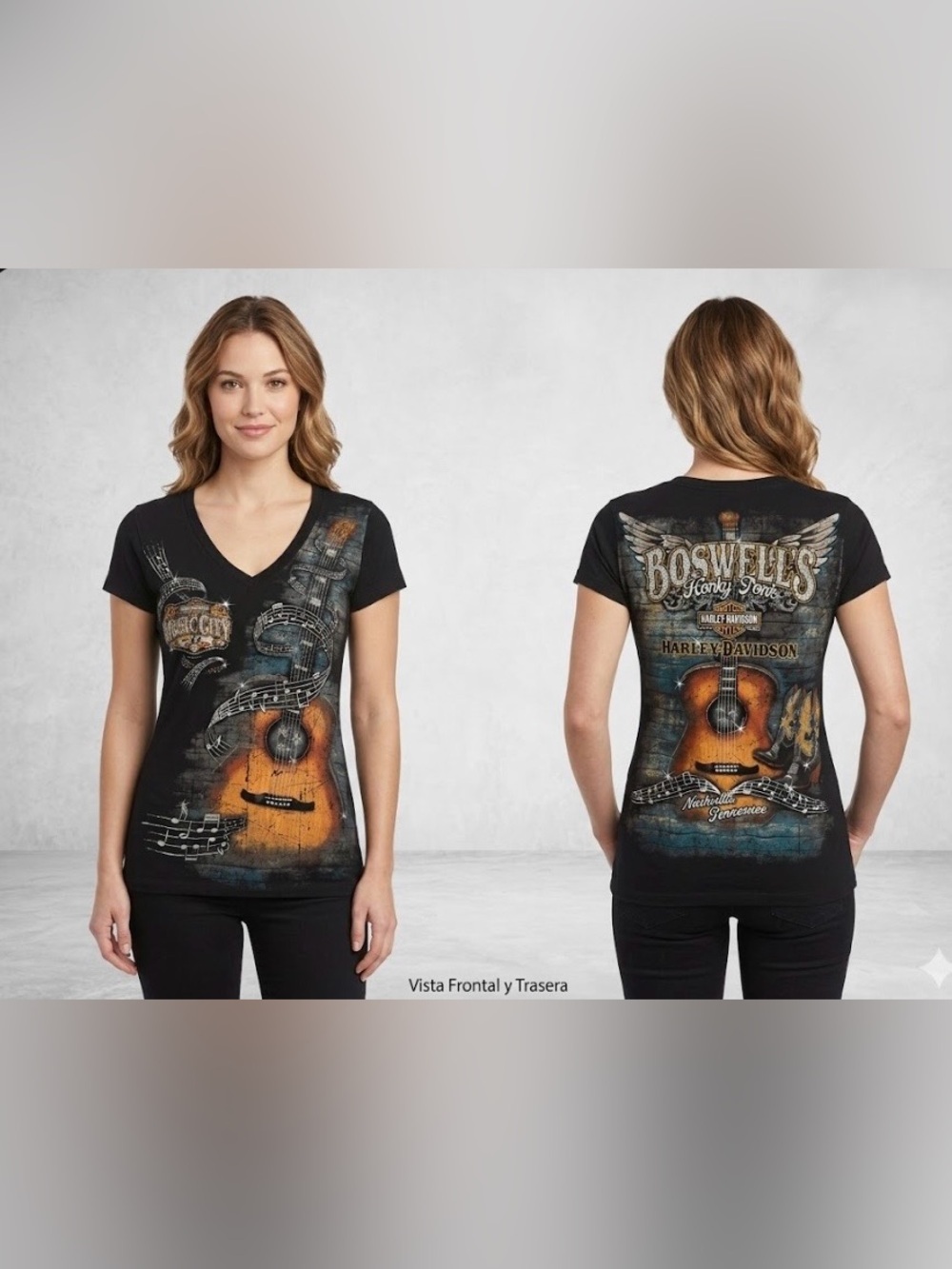 Harley-Davidson Black V-Neck Guitar Graphic Tee with Brown Accent 853